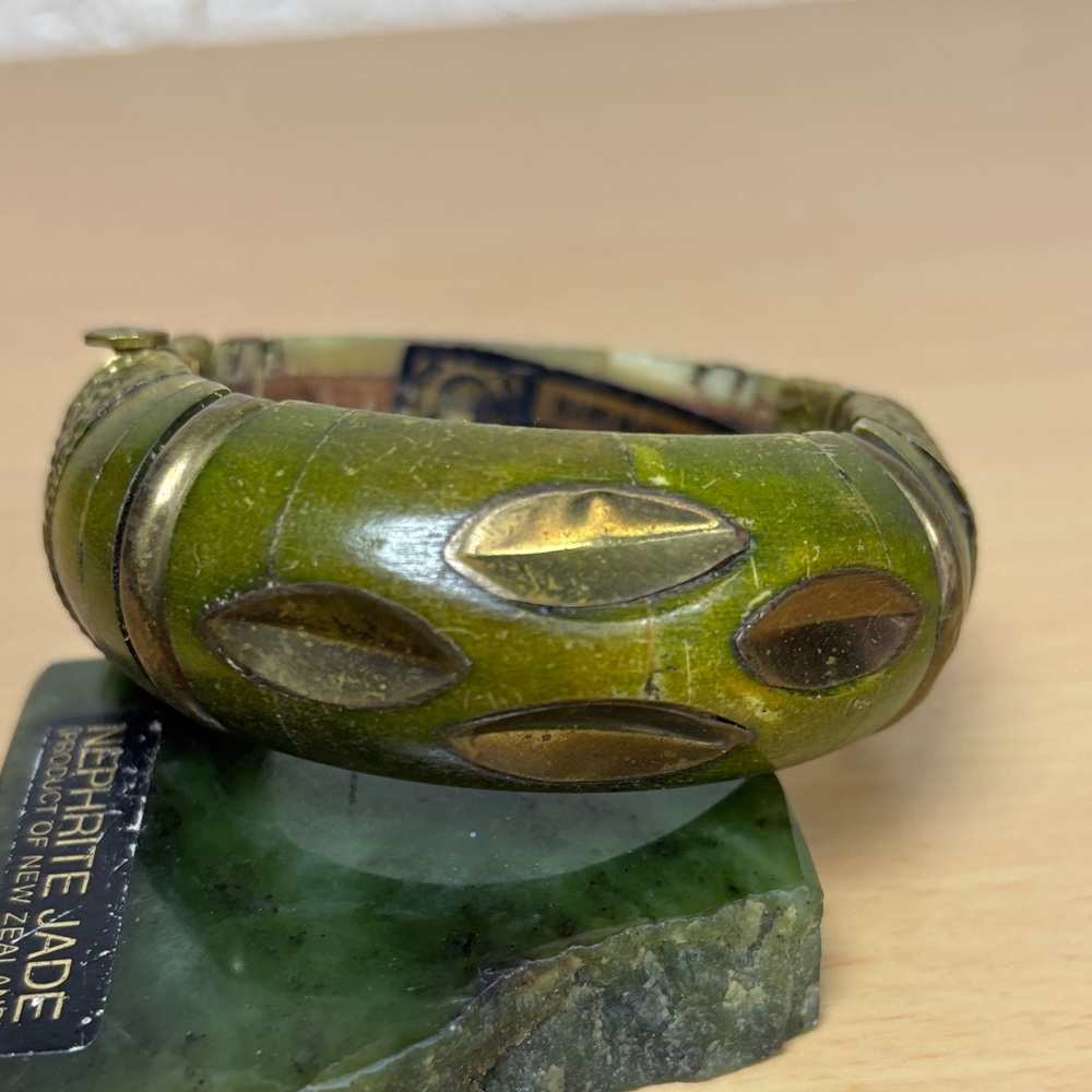 Green Enamel and Brass Leaf Accent Bracelet